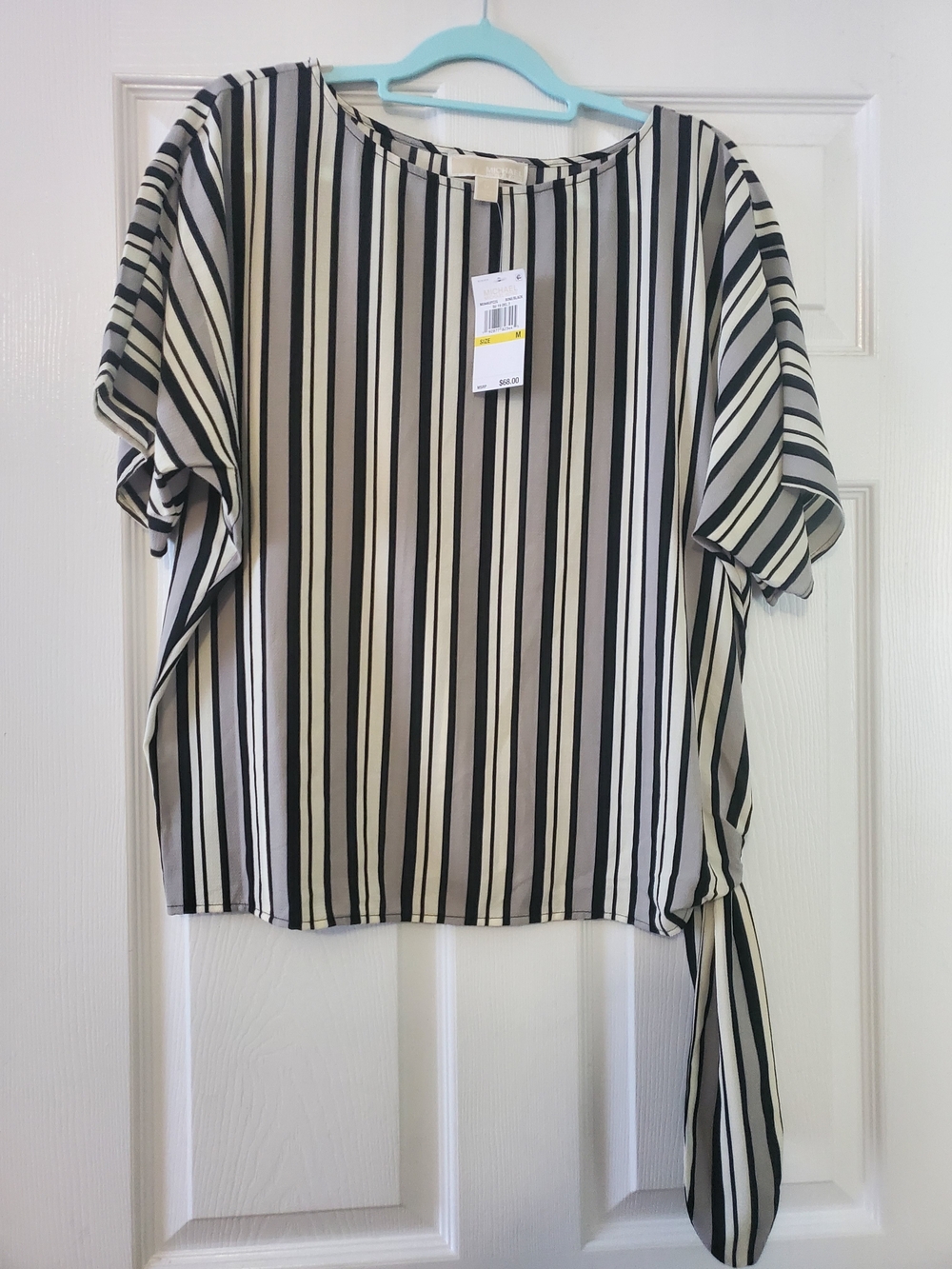 Michael Kors Bone and Black Vertical Stripe Short-Sleeve Top with Side Tie